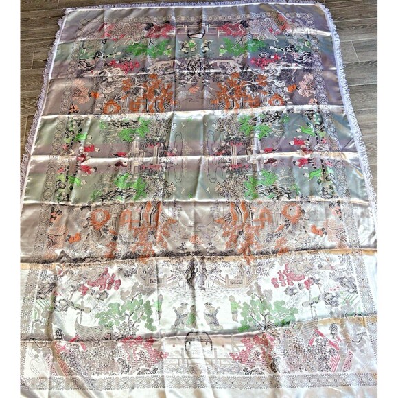 Mid-Century Vintage Brocaded Flowers Chinese Silk Tapestry Tablecloth 75" x 55" - Picture 7 of 16